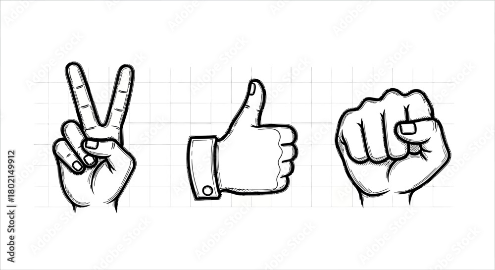 Obraz premium Hand gesture sketches: peace, thumbs up, fist on grid background