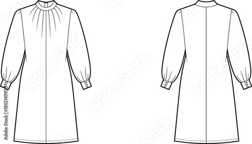 Long sleeve women’s dress flat sketch, front and back view, gathered neckline, cuffed sleeves, minimalist fashion CAD drawing, technical clothing vector template