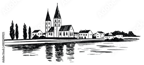 Gothic cathedral town skyline by river illustration, clean line art featuring medieval buildings, cathedral spires, and waterfront scenery, ideal for tourism graphics, architectural presentations, and