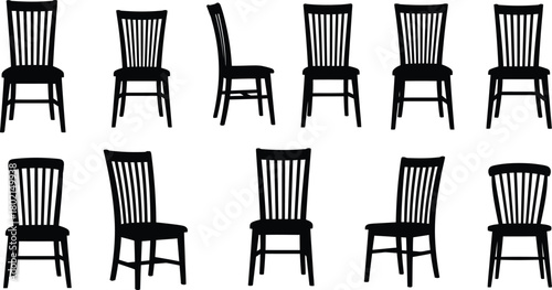 A collection of black silhouettes showing different styles of wooden chairs