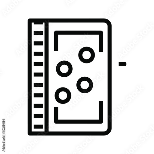 Movie film strip icon with circular elements, representing cinema, video production, editing, media content, and visual storytelling
