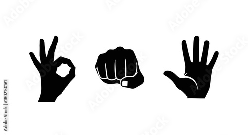 Silhouette hand gestures: ok, fist, and three fingers in black on white