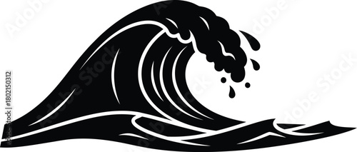 Stylized black and white illustration of a powerful ocean wave cresting