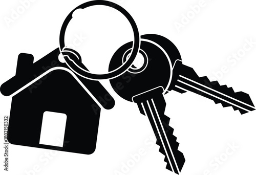 Black and white illustration of house shaped keychains with keys attached