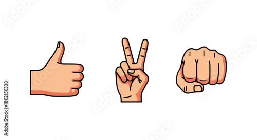Cartoon hands showing thumbs up, peace sign, and fist on white background