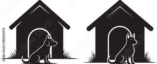 Two dogs sitting in front of dog houses silhouette