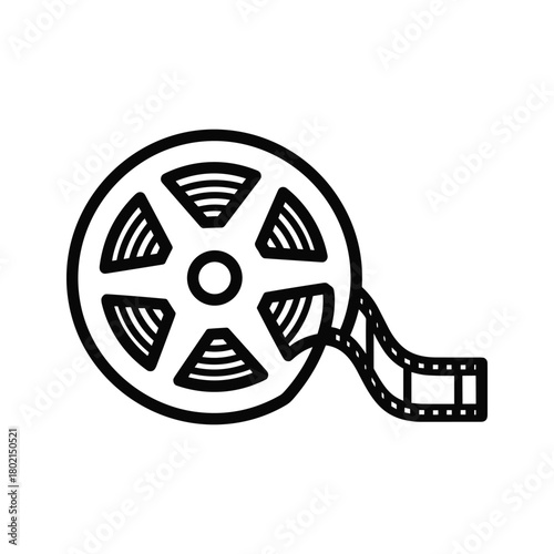 Film reel icon, classic cinema movie production symbol, vintage video media entertainment equipment, outline graphic design element