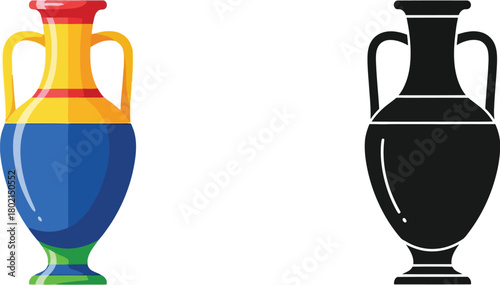 Colorful ancient vase and its black and white silhouette illustration