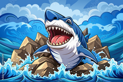 Powerful great white shark bursts upward from rough ocean waves, teeth visible as water collapses around its body