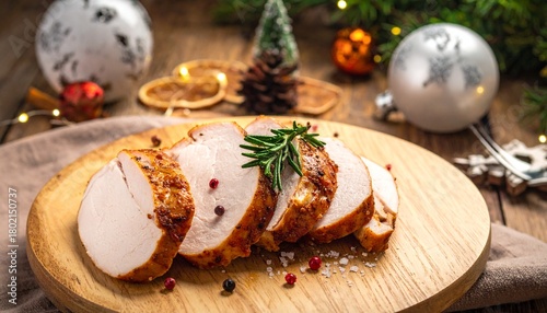 Deliciously roasted turkey breast served on a wooden platter surrounded by festive decor and holiday elements