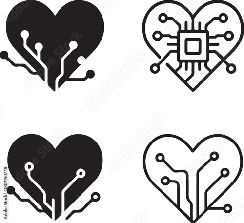 Isolated Heart Circuit Icons black vector set, love favorite icons, health tech symbols, minimal outline filled thin stroke, digital circuit connections, smart chip design vector