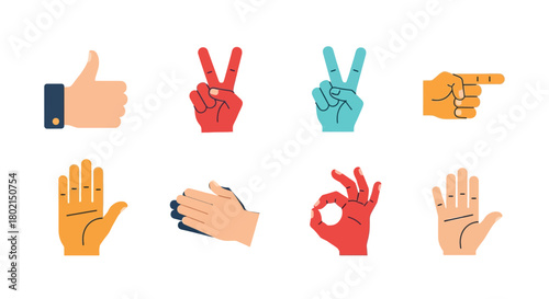 Colorful hand gestures set with thumbs up, peace, and okay signs in flat style