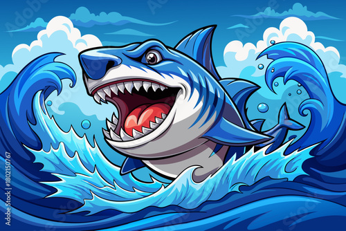 Powerful great white shark bursts upward from rough ocean waves, teeth visible as water collapses around its body