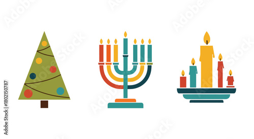 Festive holiday symbols: christmas tree, menorah, and kinara in flat design