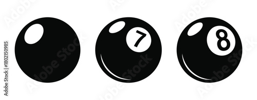 three black billiard balls including one with the number 8 symbol, featuring glossy reflections, smooth surfaces, and realistic lighting effects ideal for game graphics and sports-themed designs.