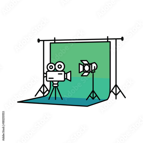Film studio equipment illustration: film camera on tripod, studio light, and green screen setup for movie production.