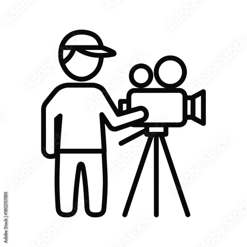 Videographer with professional camera on tripod, creating film content, shooting video production footage, isolated icon