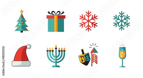 Festive holiday icons set featuring christmas and hanukkah symbols in flat design