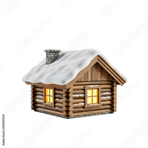 Cozy wooden log cabin with snow on the roof and glowing windows isolated on transparent background