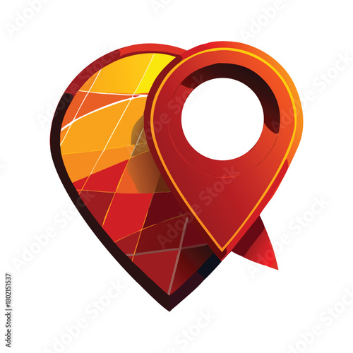 Vibrant location pin icon with a heart shape, symbolizes a favorite place, love for travel, or a special spot, rendered in a modern, colorful style