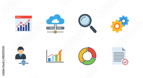 Colorful business and technology icons for data analysis and management