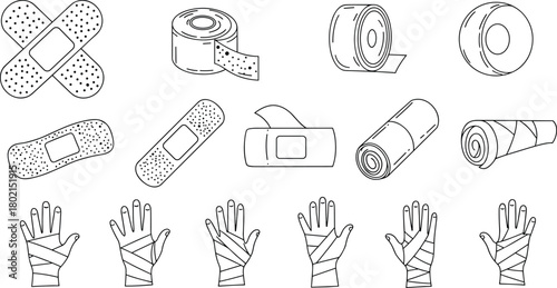 Medical adhesive bandage tape rolls plaster wound care illustration, vector drawing of hand bandaging techniques, healthcare first aid supplies design