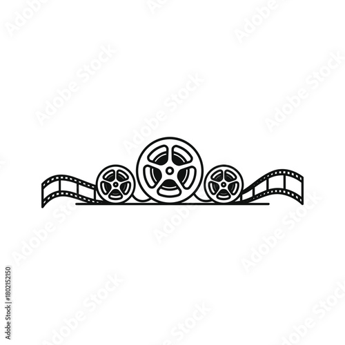 Movie film reels and strip icon, vintage cinema production and entertainment industry symbol, isolated vector illustration.