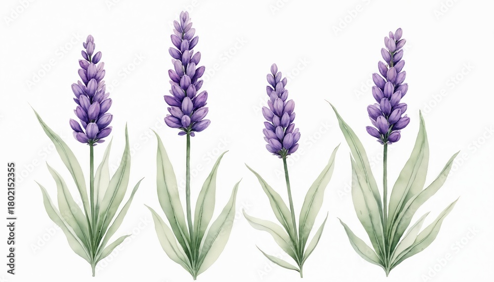 Obraz premium Four watercolor lavender plants stand against white backdrop. Tall purple flower spikes with slender green leaves are depicted with soft washes. Simple floral art for spring themes.