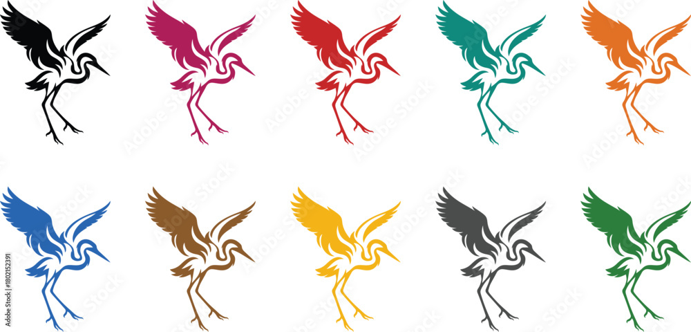 Obraz premium Stylized crane birds in multiple colors wildlife, Multicolor crane illustrations