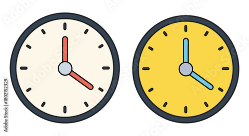 Colorful analog clock pair with simple design on white background