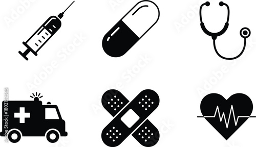 Medical icon vector illustration, healthcare symbols in black and white, syringe pill stethoscope ambulance bandage heart, hospital emergency artwork