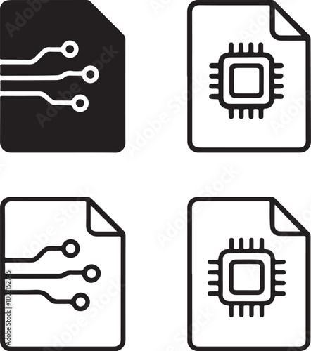 Isolated Document Circuit Icons black vector set, document file icons, page tech symbols, minimal outline filled thin stroke, digital circuit connections, smart chip design vector