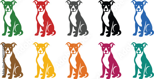 Sitting dog silhouettes in a spectrum of colors canine, Colorful dog seated icons