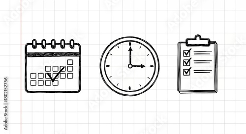 Sketched calendar, clock, and checklist icons on grid background for time management