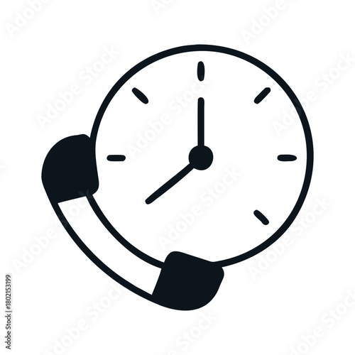 Clock and phone icon symbol of call center, support service, hotline, time management, appointment, schedule, reminder, deadline, urgency