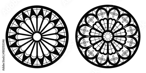 Gothic rose window stained glass circular patterns, detailed vector illustration of intricate medieval design, perfect for church architecture, heritage artwork