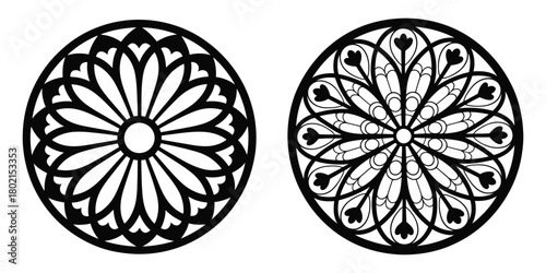 Gothic rose window stained glass circular patterns, detailed vector illustration of intricate medieval design, perfect for church architecture, heritage artwork