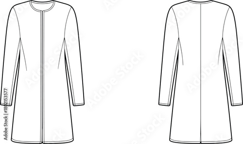 Minimalist long sleeve coat flat sketch, front and back view, round neckline, clean silhouette, fashion design template, garment construction illustration