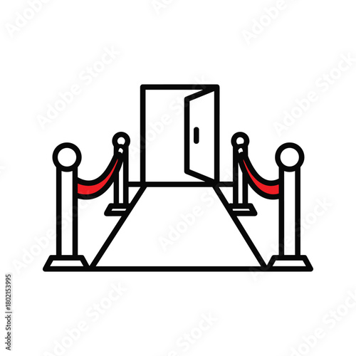 Red carpet entrance with velvet ropes, stanchions, open door outline vector. symbolizing vip access, events, and success.