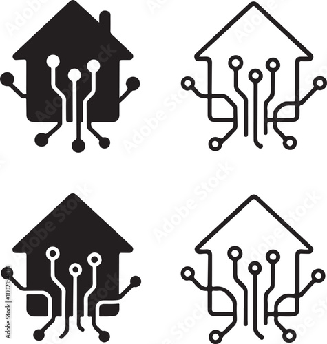Isolated Home Circuit Icons black vector set, smart home icons, house tech symbols, minimal outline filled thin stroke, digital circuit connections, smart chip design vector