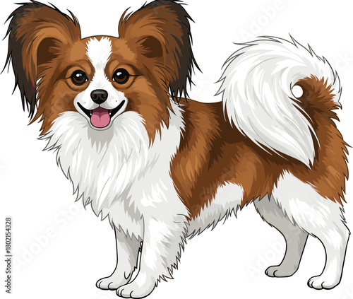 Papillon dog with butterfly ears standing happily, cute pet breed illustration, friendly companion vector artwork for animal lovers and canine design