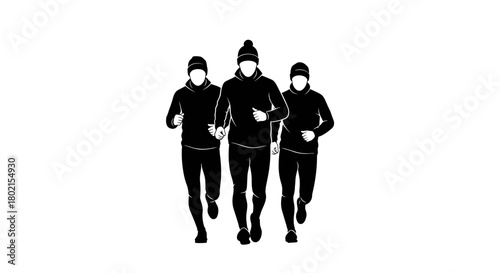 Three runners jogging in warm clothing during winter outdoors  