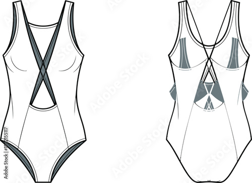 Modern one piece swimsuit fashion flat sketch, women’s cross strap swimwear design front and back view, stylish bodysuit technical drawing for apparel illustration template