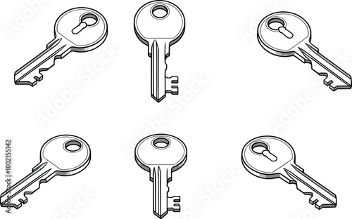 Set of six keys, metal key collection, security concept, locksmith tools, flat vector illustration, cad drawing, isolated design