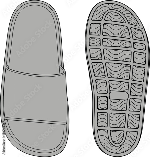 Slide sandals vector illustration, footwear design sketch, shoe sole tread pattern, fashion accessory outline, casual summer shoes, flat design artwork