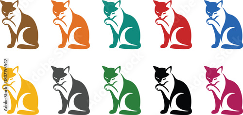 Sitting cat silhouettes grooming in various colors, Colorful grooming cat icons collection