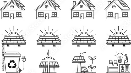 Solar energy icons set, eco friendly renewable power illustration, sustainable technology vector drawing, green energy design for environment projects