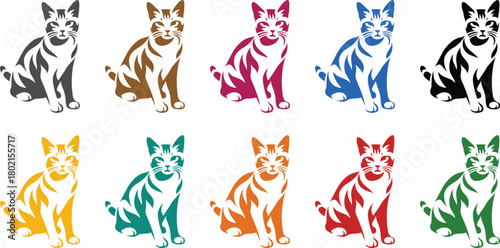 Colorful striped cat silhouettes sitting kitten, Striped kitten icons in various colors