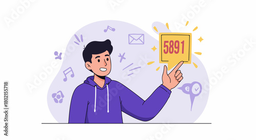 Smiling young man points to a glowing digital notification with a numerical code, surrounded by icons representing online activity and communication.