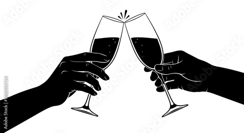 Two hands clinking champagne glasses in a celebratory toast, black and white silhouette illustration.